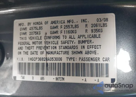 2008 Honda Accord 3.5 Ex-L from USA, damaged, VIN 1HGCP36828A053006